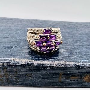 Chunky silver tone amethyst purple baguette cocktail ring size 9